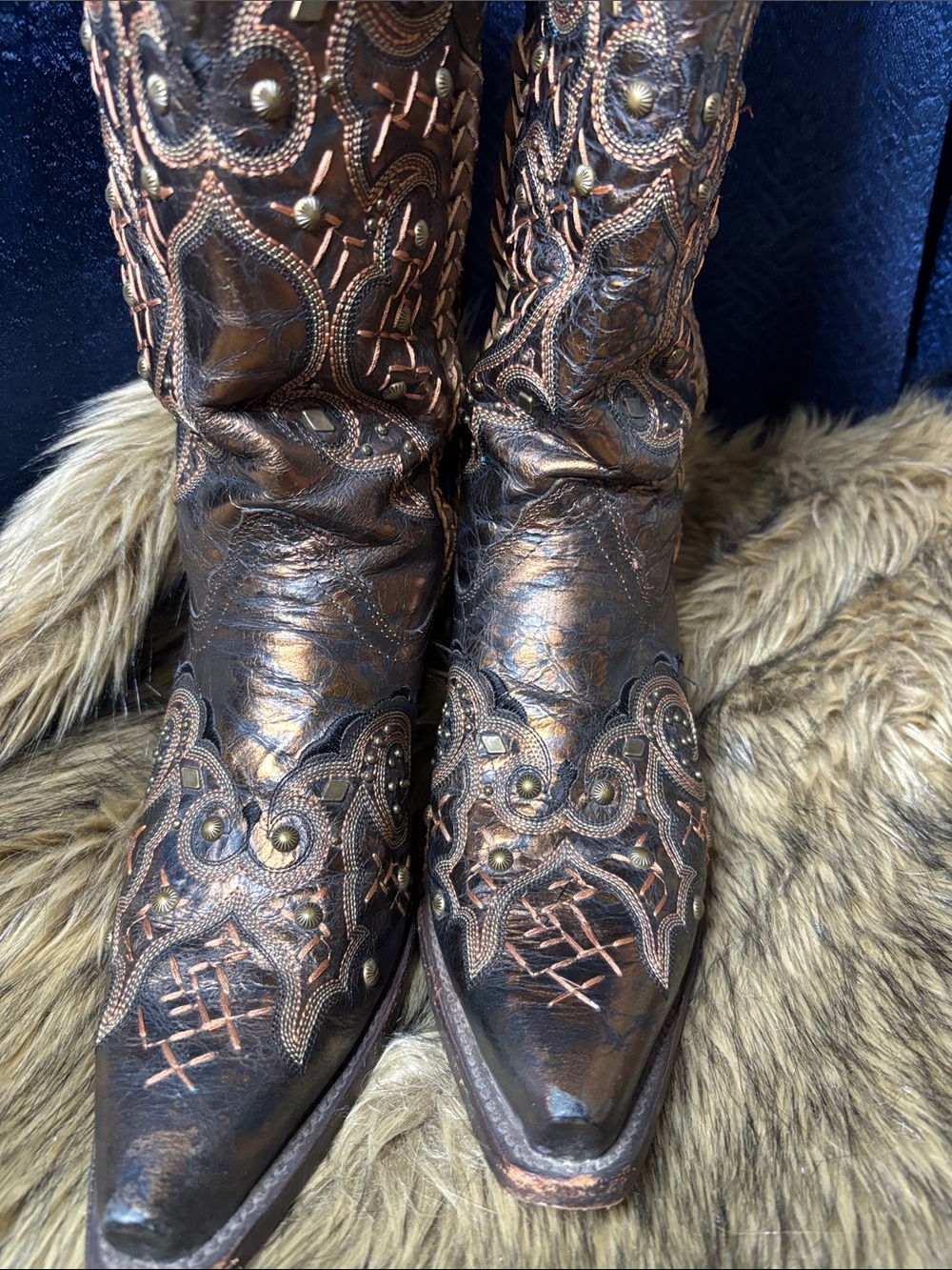 Women's Metallic Brown Embossed Western Heeled Boots